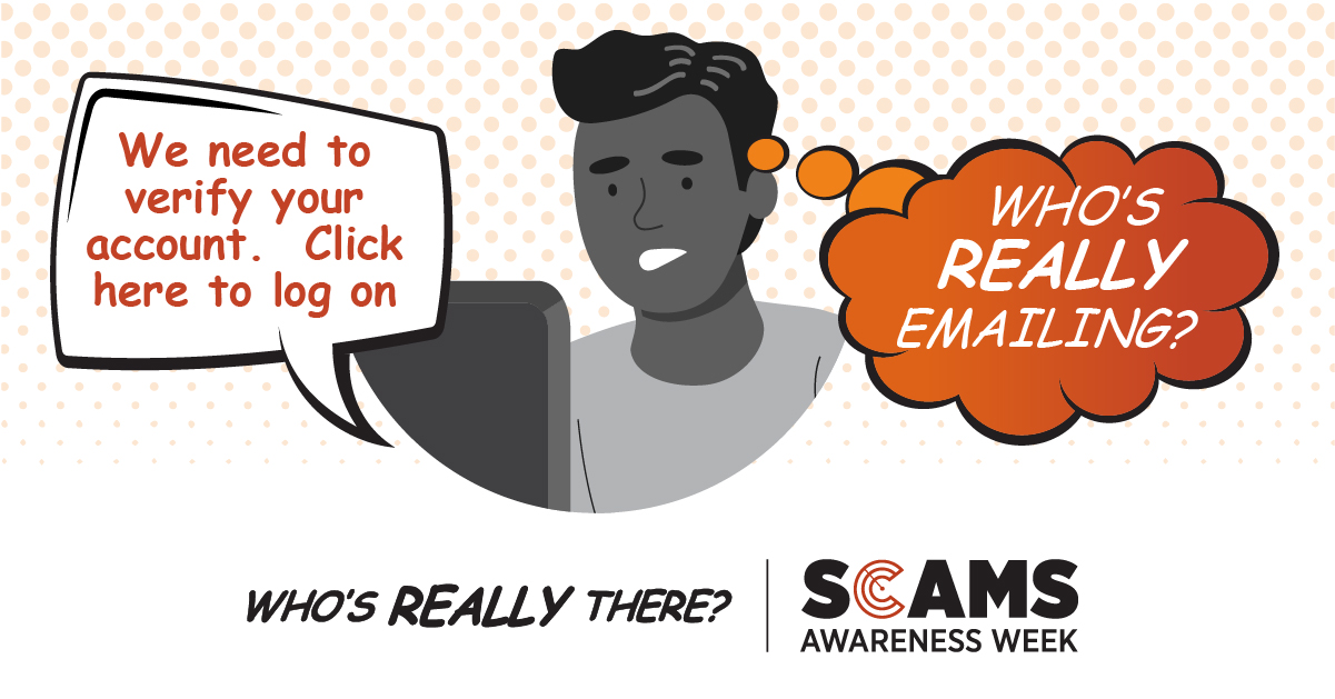 A male sitting in front of a laptop appearing to read an email and thinking who's really emailing with a message to click a link to have their account verified.