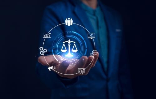 Decorative image phone of man holding scales of justice