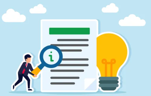 A man holding a magnifying glass against a paper with a light bulb next to it.