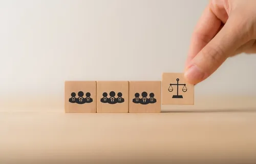 Decorative image, building blocks with the scales of justice