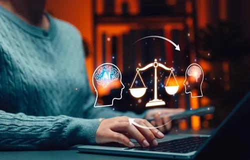 A lady using a laptop with the laptop showing projections of 2 heads, one reads AI. brain.