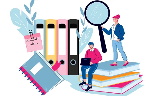 Cartoon image books, people holding a magnifying glass