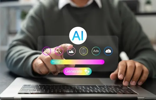 Man at computer with text that says AI