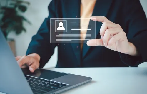Digital identification or digital ID concept. Business woman use laptop and hand touch virtual screen of digital identification card